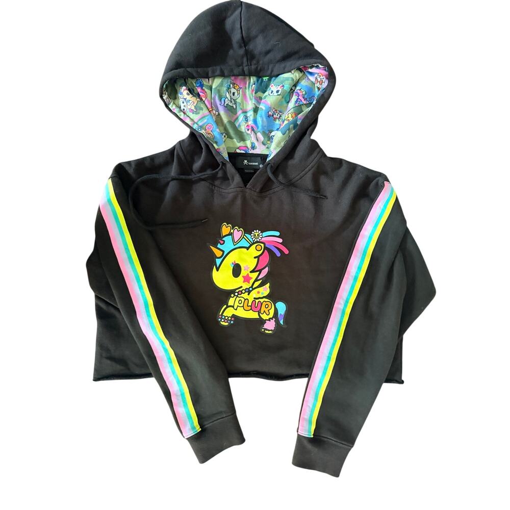 tokidoki Womens Hoodie Size Medium Black Unicorno Rainbow Cropped Sweatshirt Y2K